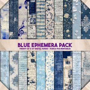 Pack Blue Ephemera - Papier numérique français vintage sans couture, pages de grand livre bleus poussiéreux, notes manuscrites, textures indigo, journal de bordel bleu