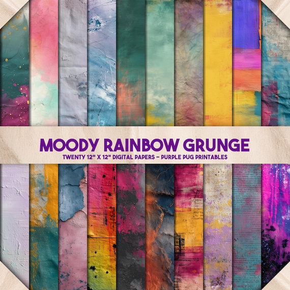 Moody Rainbow Grunge - Bold abstract grunge textures, distressed paint backgrounds, mixed media digital paper, art journal overlay pack
