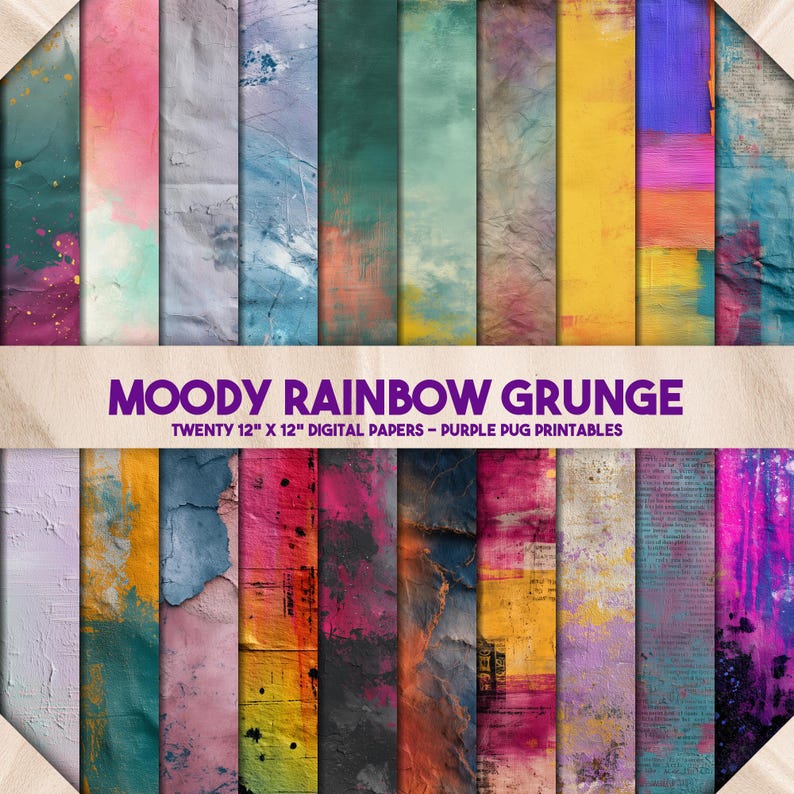 K&ouml;nnte beinhalten: Eine Sammlung von zwanzig digitalen Papieren mit den Ma&szlig;en 30,5 cm x 30,5 cm mit einem d&uuml;steren Regenbogen-Grunge-Design. Die Papiere zeigen eine Vielzahl von Farben, darunter Rosa, Blau, Gr&uuml;n, Gelb und Lila. Der Text "MOODY RAINBOW GRUNGE" ist oben zu sehen.