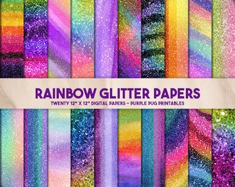 Rainbow Glitter Papers - Digitales Papierpaket, nahtlose Regenbogen Glitzer Hintergründe, Neon Pastelltexturen, Zebramuster, sofortiger Download