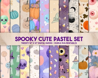 Spooky Cute Pastel Set - Seamless pastel Halloween digital paper, cute spooky backgrounds, kawaii pumpkins, ghosts, skulls, seamless pattern
