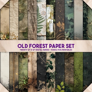 May include: A collection of twenty 12" x 12" digital papers with an old forest theme. The papers feature various textures, including aged parchment, botanical illustrations, and handwritten script. Colors range from earthy greens and browns to muted creams and blacks.
