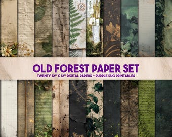 Old Forest Paper Set - Dark forest digital paper pack, vintage junk journal pages, mossy backgrounds, grunge florals, instant download