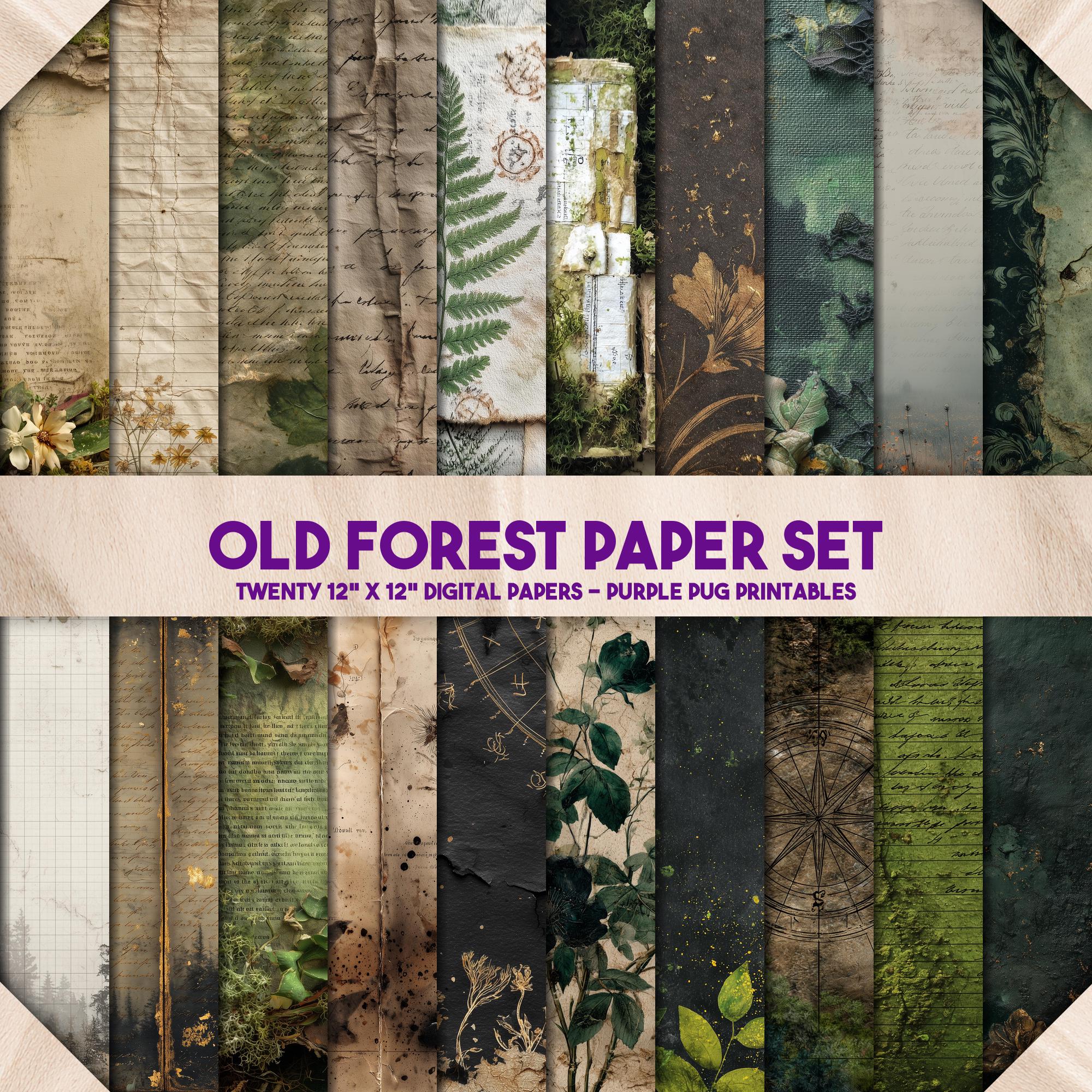 Old Forest Papier Set - Dunkler Wald digitales Papier Set, vintage Junk Journal Seiten, moosgrüne Hintergründe, sofortiger Download