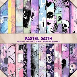 Puede incluir: Una colección de veinte papeles digitales de 30 x 30 cm con temática pastel gótica. Los papeles presentan calaveras, corazones y otros elementos góticos en tonos morado, rosa y negro. El texto "PASTEL GOTH" se muestra.