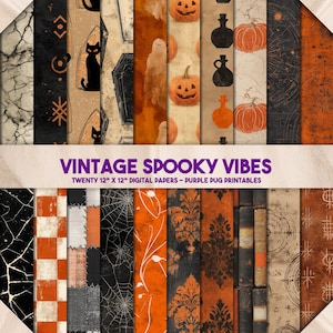 May include: Twenty 30.5 cm x 30.5 cm digital papers with a vintage spooky theme. The designs include black cats, pumpkins, cobwebs, and antique book pages. The colour palette features orange, black, and beige tones, perfect for Halloween crafts.