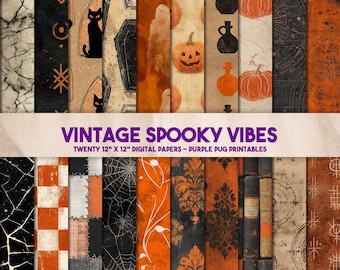 May include: A collection of twenty 12" x 12" digital papers with a vintage spooky theme. The papers feature various designs, including black cats, pumpkins, cobwebs, and antique book pages. The color palette includes orange, black, and beige tones.
