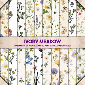 May include: A collection of digital pattern papers titled IVORY MEADOW, featuring 20 seamless 12" x 12" tiles and 60 print ready A4 pattern pages. The designs display various botanical illustrations of wildflowers, daisies, and clovers in yellow, blue, pink, and green on ivory backgrounds.