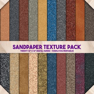 Puede incluir: Un conjunto de veinte papeles digitales con textura de papel de lija, cada uno de 30,48 cm x 30,48 cm. Los papeles presentan una variedad de colores, incluyendo oro, azul y rojo. El texto "SANDPAPER TEXTURE PACK" se muestra en púrpura.