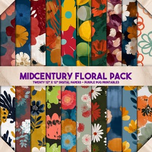 May include: A collection of twenty 12" x 12" digital papers with a midcentury floral design. The papers feature colorful abstract floral patterns in various colors, including blue, orange, yellow, and green. The text "MIDCENTURY FLORAL PACK" is displayed.