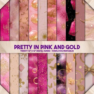 Pretty in Pink and Gold - Seamless pink gold celestial digital paper, glitter moon backgrounds, junk journal pages, scrapbook paper pack