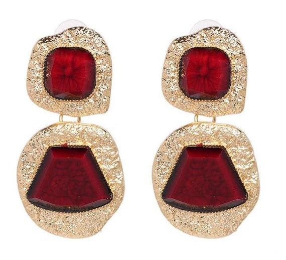 LONG GOLD EARRINGS, Maroon Earrings, Beautiful Gold Fashion Drop Earrings  With A Hint of Maroon Stone, Aesthetic Earrings Gifts for Women - Etsy