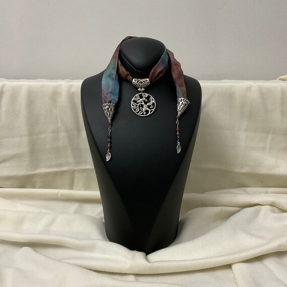 Silver Plated Scarf Necklace Blue Silk 