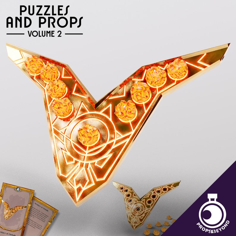 May include: A gold-coloured, geometric, V-shaped prop with glowing orange accents. The prop is a puzzle piece with a circular design in the centre. The prop is part of a set of puzzles and props for tabletop role-playing games.