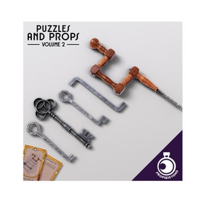 May include: A set of five antique-style keys and a wooden brace with a drill bit. The keys are silver and have intricate designs. The brace is brown and has a metal drill bit. The image is labeled "Puzzles and Props Volume 2".