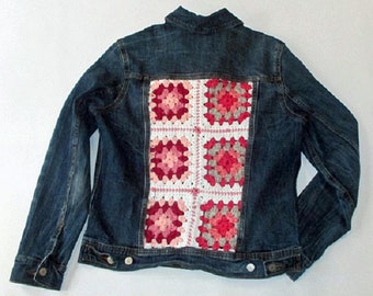 One of a Kind Upcycled Denim Jean Jacket with Crocheted Granny Squares on Back