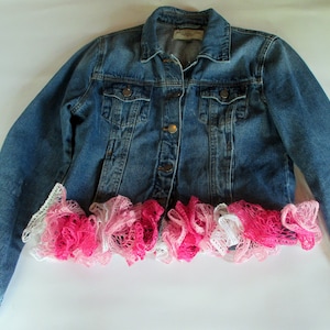 Rare One of a Kind Denim Jean Jacket with Crocheted Lace Embellishments