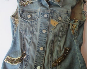 One of a Kind Upcycled Denim Vest Embellishment Wall Hanging