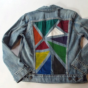 One of a Kind Upcycled Denim Jean Jacket by KC Designs Hand Painted Geometric Design on Back
