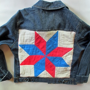 Rare One of a Kind Denim Jean Jacket Star Quilt Pattern on Back