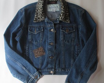 One of a Kind  Upcycled Denim with Faux Fur Leopard Collar  Rhinestone patches.