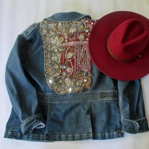 Rare  One of a Kind Thrifted Upcycled Denim Jacket Embellishment From Vintage Wall Hanging