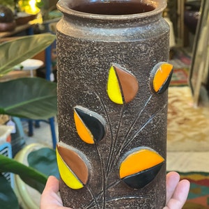 Ceramic Vase Aldo Londi Bitossi Rosenthal Netter Applied Leaves Design 8” Tall Italian Pottery Mid Century