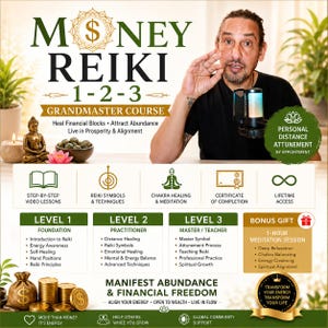 Puede incluir: Imagen promocional para un curso de Gran Maestro de Reiki del Dinero. La imagen presenta a un hombre hablando, junto con texto sobre la curación de bloqueos financieros, la atracción de la abundancia y la vida en la prosperidad. La imagen incluye iconos y texto sobre los niveles y beneficios del curso.