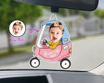 Customized Car Photo Ornament Drive Safe Daddy, Cute Rearview Mirror Hanging Accessory, Custom Acrylic Picture Keychain, Fathers Day Gift