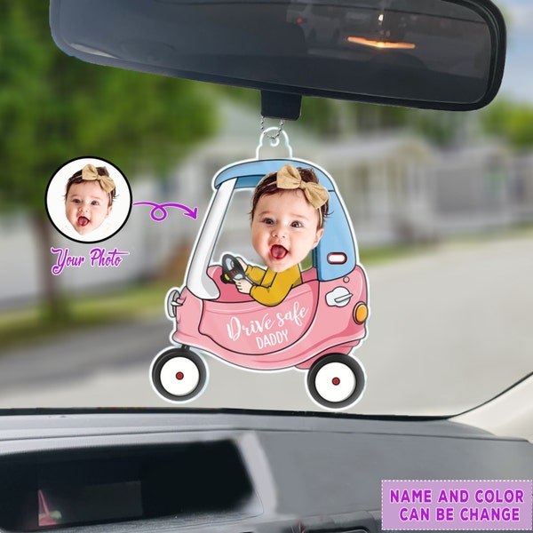 Customized Car Photo Ornament Drive Safe Daddy, Cute Rearview Mirror Hanging Accessory, Custom Acrylic Picture Keychain, Fathers Day Gift