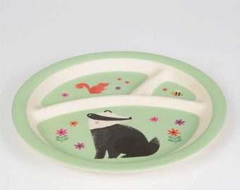 Bamboo section plate Woodland Friends, Fun Design Tableware - Children's Kid's Sustainable Eco Planet-Friendly Fun Birthday Gift