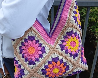 Bolsa de crochê feita à mão - Bolsa de crochê boho - Bolsa quadrada colorida da vovó - Bolsa de ombro retrô hippie - Feita à mão - Única