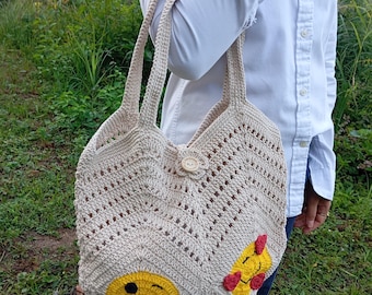 Bolsa de crochê feita à mão com smileys - bolsa de compras, bolsa de praia, bolsa de crochê boho, bolsa de ombro sustentável feita de algodão - CreativTex