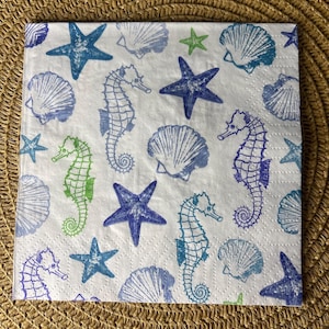 Servilletas, Servilletas para decoupage, Servilleta de caballito de mar, Costeras, Servilletas de papel, Servilletas para decoupage de conchas de ostra, Servilletas artesanales, Juego de 3, Tamaño de bebida