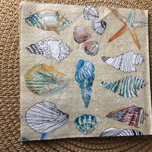 Servilletas, servilletas para decoupage, servilletas de concha marina, costeras, servilletas de papel, servilletas para decoupage de concha de ostra, servilletas artesanales, juego de 3, tamaño bebida