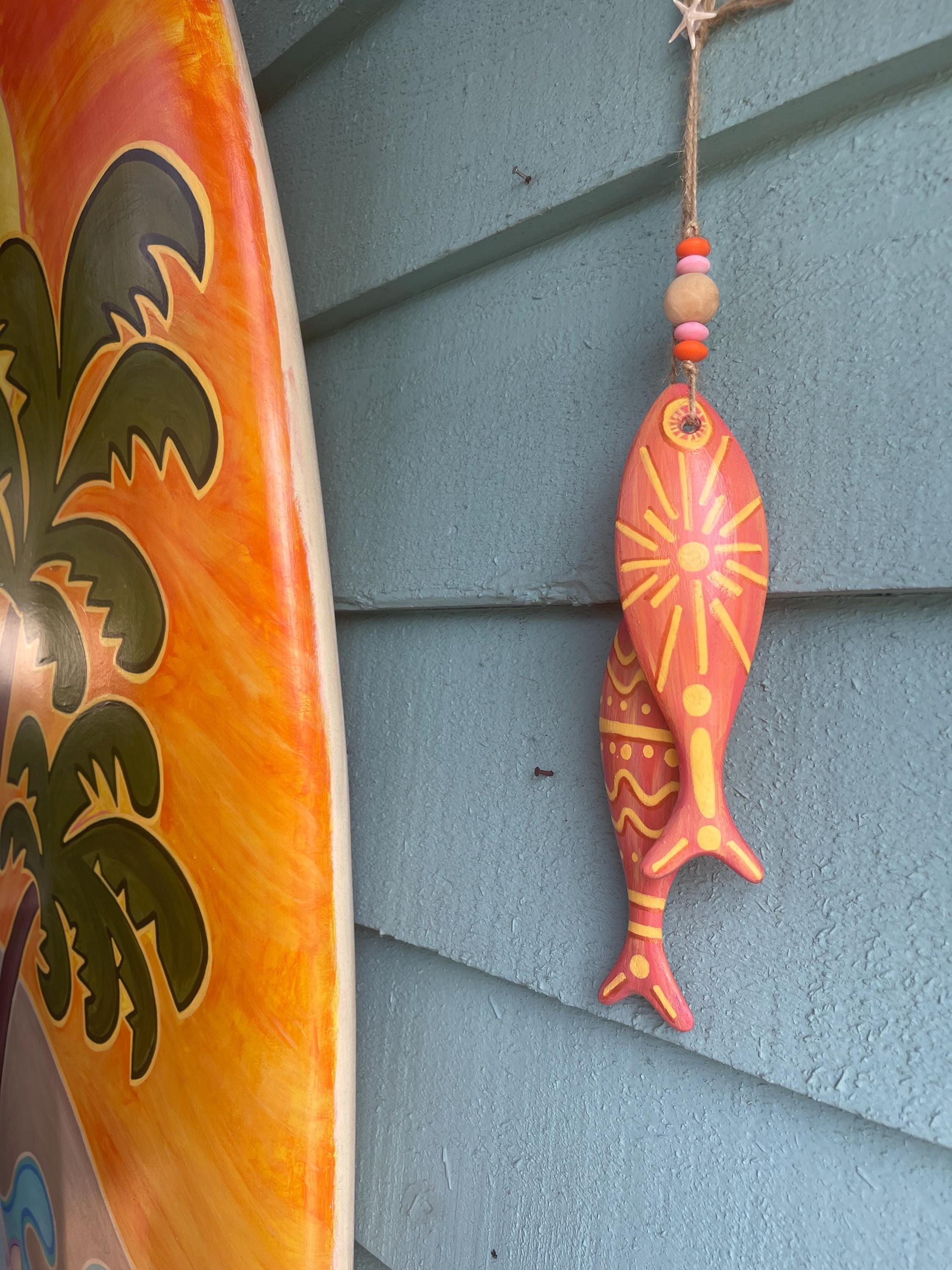 Painted Wooden Fish Decor Hanger | Geometric Coastal Ornament - Etsy