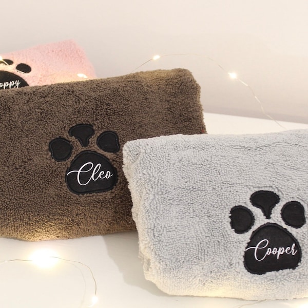 Personalised Dog Towel Microfibre 60 x 100cm Name Pink Grey Brown Puppy Paw Print