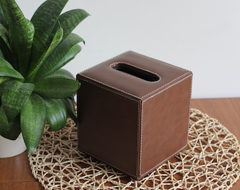 Élégante boîte à mouchoirs cubique en similicuir noire avec surpiqûres, cadeau de Noël