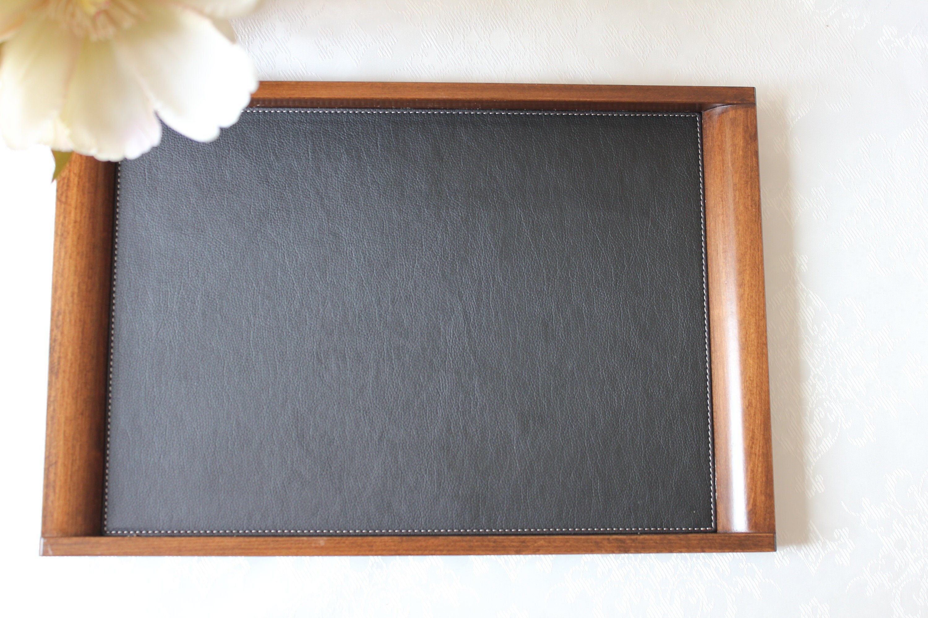Stylish Stained Wood & Large Leather Tray Rectangle Serving Tray, Faux Leather Ottoman Design ...