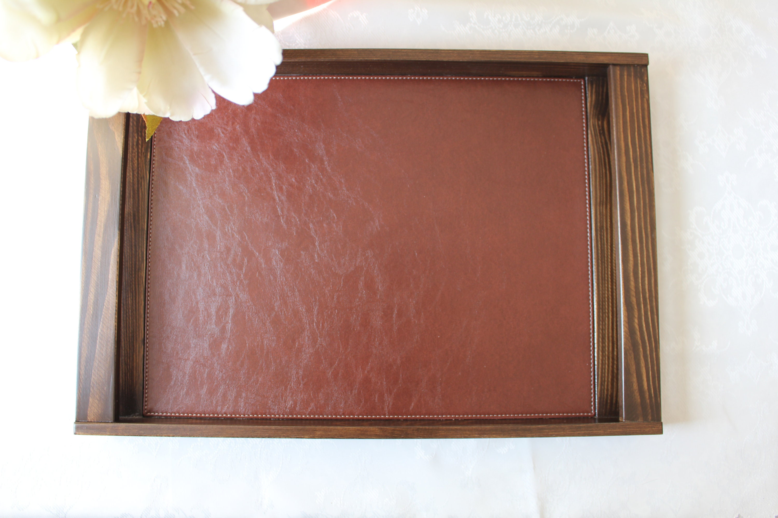 Stylish Stained Wood & Large Leather Tray Rectangle Serving Tray, Faux Leather Ottoman Design ...