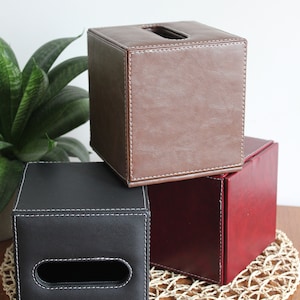 Elegant Black Faux Leather Cube Tissue Box with Stitching