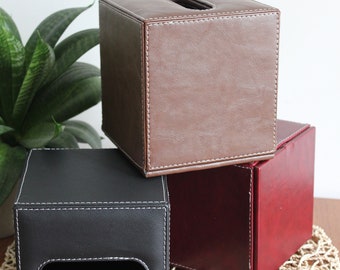 Black Cube Tissue Box w/ Excellent Stitching for Home, Elegant Faux Leather Tissue Holder, Mother's Day Gift, Bathroom, Napkin Case, 5"x6"
