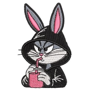 May include: A black and gray cartoon rabbit wearing a black hooded cloak and drinking from a red cup with a pink straw. The rabbit has a serious expression and is looking to the right.