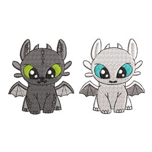 May include: Two cartoon dragons, one black with green eyes and one white with blue eyes. Both dragons are sitting with their wings out.