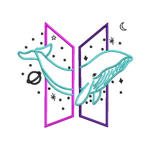 May include: A stylized outline of the letter "B" with a whale swimming through it. The whale is turquoise blue and the outline is pink and purple. The background is white with black stars and a crescent moon.