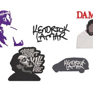 May include: A set of five embroidered patches featuring Kendrick Lamar. The patches include a purple silhouette of Kendrick Lamar, a black and white illustration of Kendrick Lamar with the text "Please Don't Kill My Vibe", a black and white illustration of a car with the text "Kendrick Lamar", a black and white text graphic of "Kendrick Lamar", and a white silhouette of Kendrick Lamar with the text "DAMN."