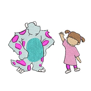 May include: A blue monster with pink spots and a turquoise belly stands next to a girl with brown hair wearing a pink dress and pink leggings.