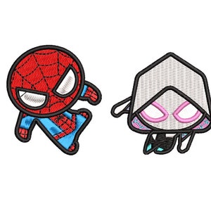May include: Two embroidered patches featuring cartoon versions of Spider-Man and Spider-Gwen. Spider-Man is red and blue, while Spider-Gwen is white with pink accents.