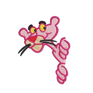 Op de afbeelding: Roze cartoonpanter met een ondeugende grijns en gele ogen. De panter kijkt om een hoek met zijn staart die achter hem opgerold is.