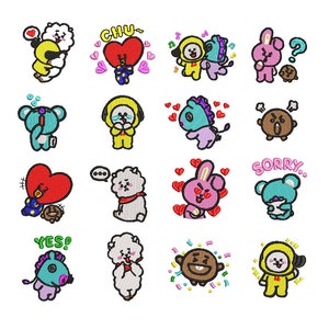 May include: Embroidered patches featuring colorful cartoon characters with various expressions and speech bubbles. Designs include a heart, a bunny, a bear, and a horse. Some patches have text that says "CHU", "YES!", and "SORRY..".